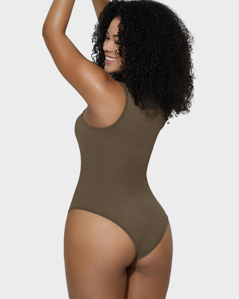 Chic Ribbed Square Neck Sleeveless Tummy Control Tank Bodysuit for Women