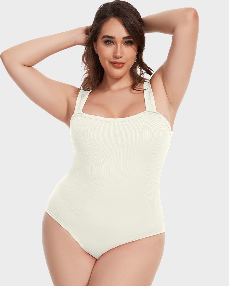 Chic Ribbed Square Neck Sleeveless Tummy Control Tank Bodysuit for Women