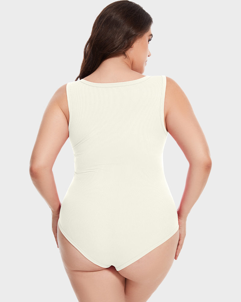 Chic Ribbed Square Neck Sleeveless Tummy Control Tank Bodysuit for Women