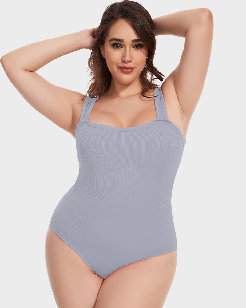 Chic Ribbed Square Neck Sleeveless Tummy Control Tank Bodysuit for Women