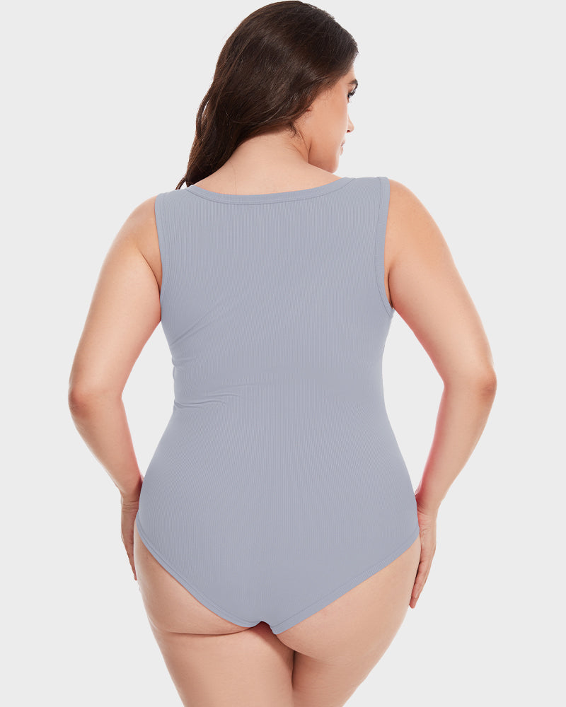 Chic Ribbed Square Neck Sleeveless Tummy Control Tank Bodysuit for Women