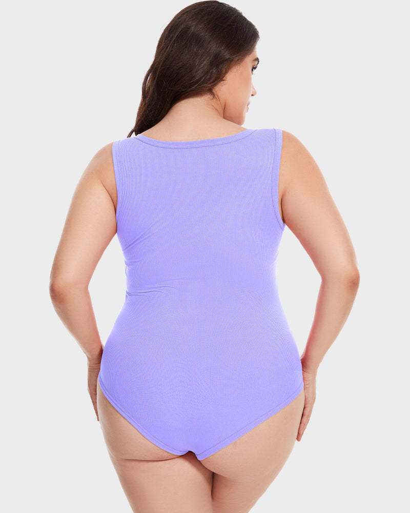 Chic Ribbed Square Neck Sleeveless Tummy Control Tank Bodysuit for Women