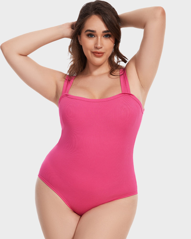 Chic Ribbed Square Neck Sleeveless Tummy Control Tank Bodysuit for Women