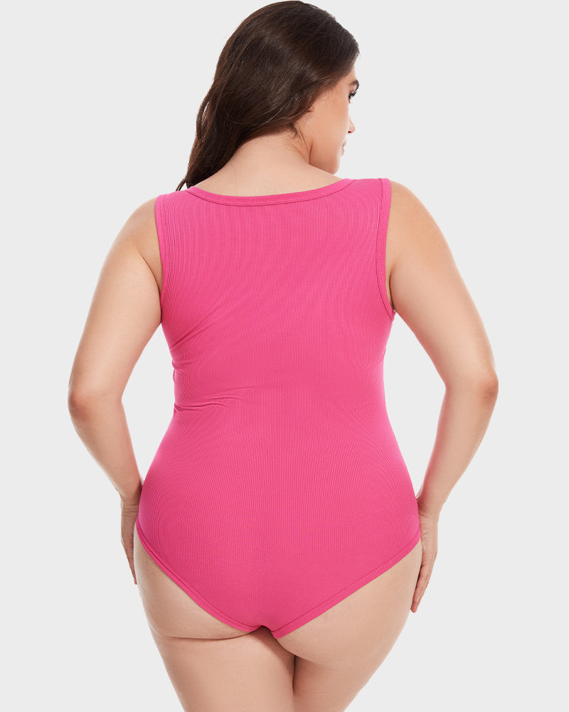 Chic Ribbed Square Neck Sleeveless Tummy Control Tank Bodysuit for Women