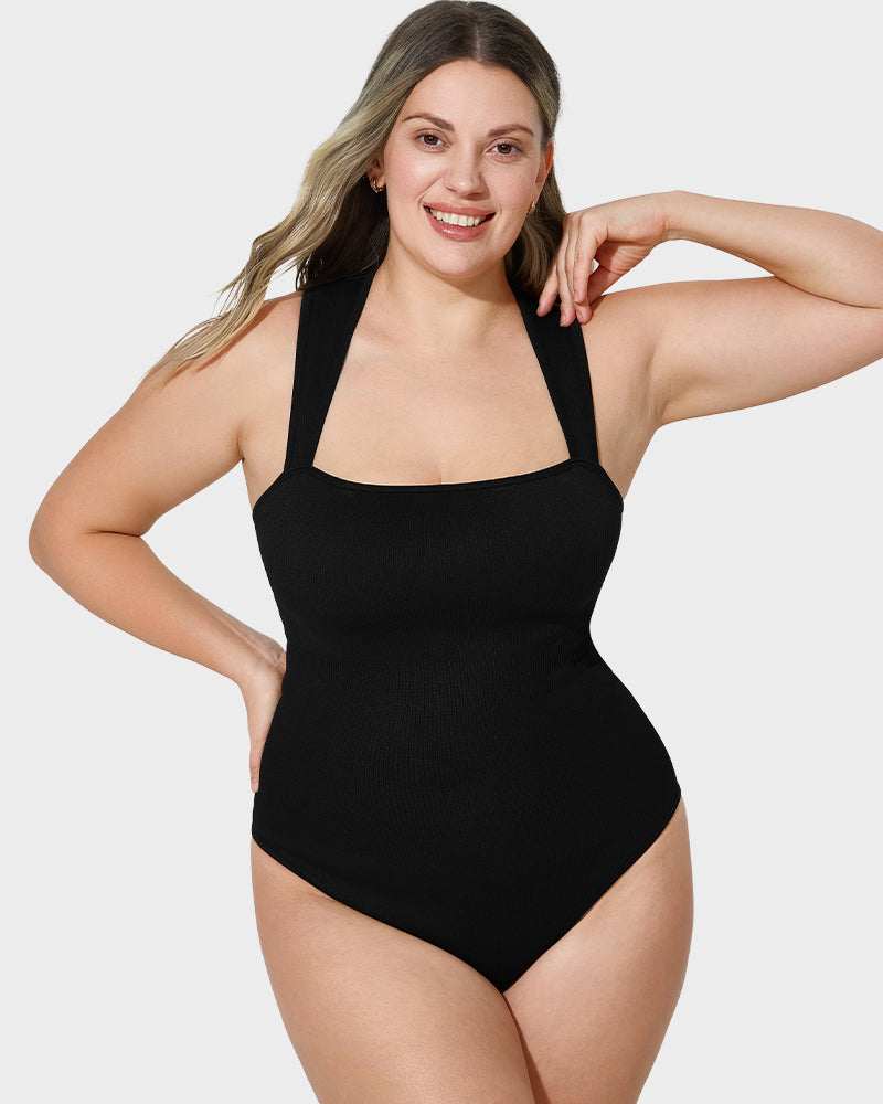 Chic Ribbed Square Neck Sleeveless Tummy Control Tank Bodysuit for Women