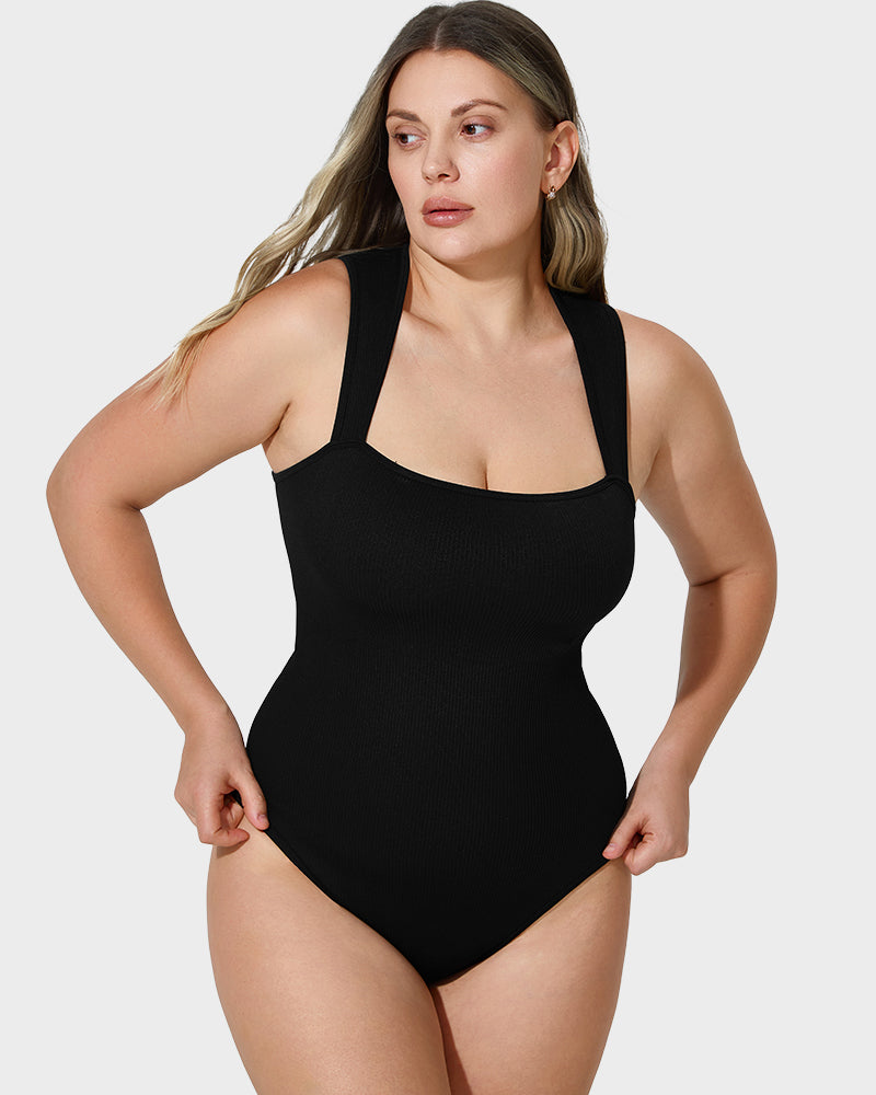 Chic Ribbed Square Neck Sleeveless Tummy Control Tank Bodysuit for Women