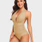 Stylish Halter Neck Deep V Ruched One-Piece Swimsuit - Flattering Beachwear