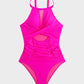 Women's Stylish Round Neck Cut-Out Mesh Panel Ruched One-Piece Swimsuit