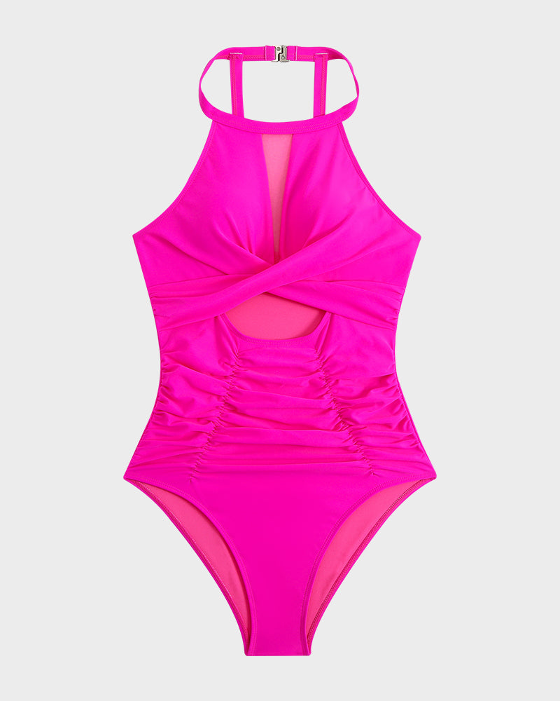 Women's Stylish Round Neck Cut-Out Mesh Panel Ruched One-Piece Swimsuit