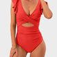Elegant Ruffle Sleeve Cut-Out Ruched One-Piece Swimsuit for Women