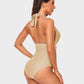 Stylish Halter Neck Deep V Ruched One-Piece Swimsuit - Flattering Beachwear