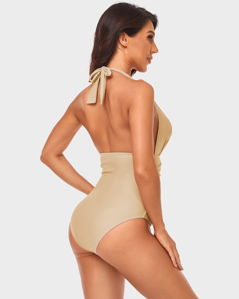 Stylish Halter Neck Deep V Ruched One-Piece Swimsuit - Flattering Beachwear
