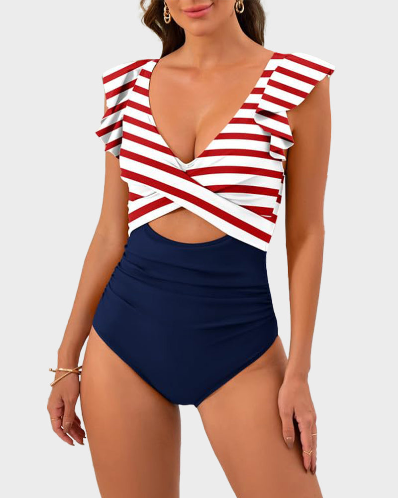 Flattering Ruffle Sleeve Cut-Out Ruched One-Piece Swimsuit for Stylish Beach Days