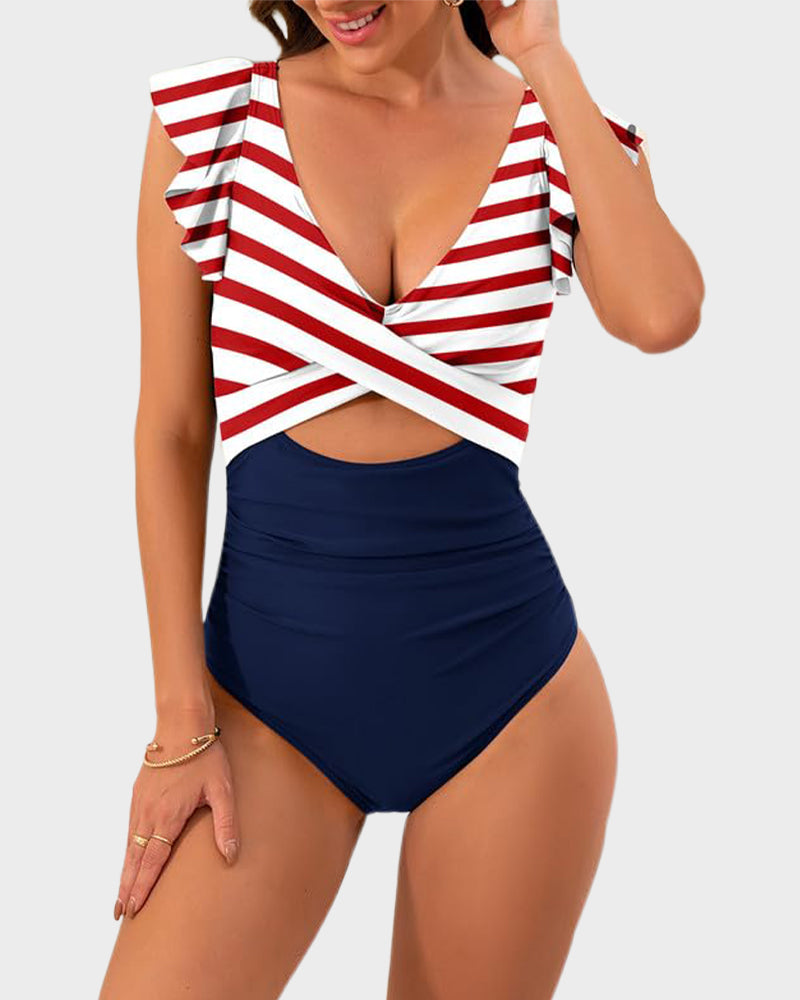 Elegant Ruffle Sleeve Cut-Out Ruched One-Piece Swimsuit for Women