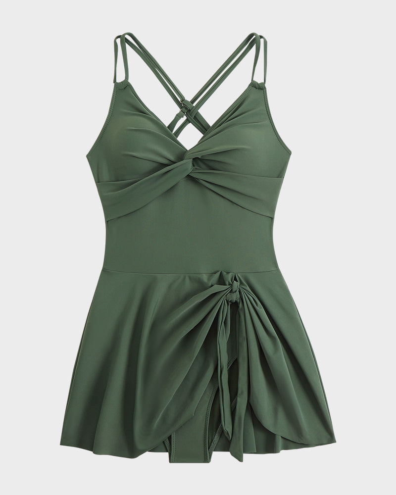 Chic Knot Hem Ruched One-Piece Swim Dress: Flattering, Adjustable, Comfortable Swimsuit