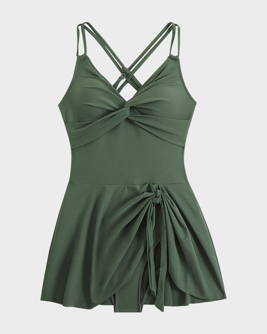 Chic Knot Hem Ruched One-Piece Swim Dress: Flattering, Adjustable, Comfortable Swimsuit