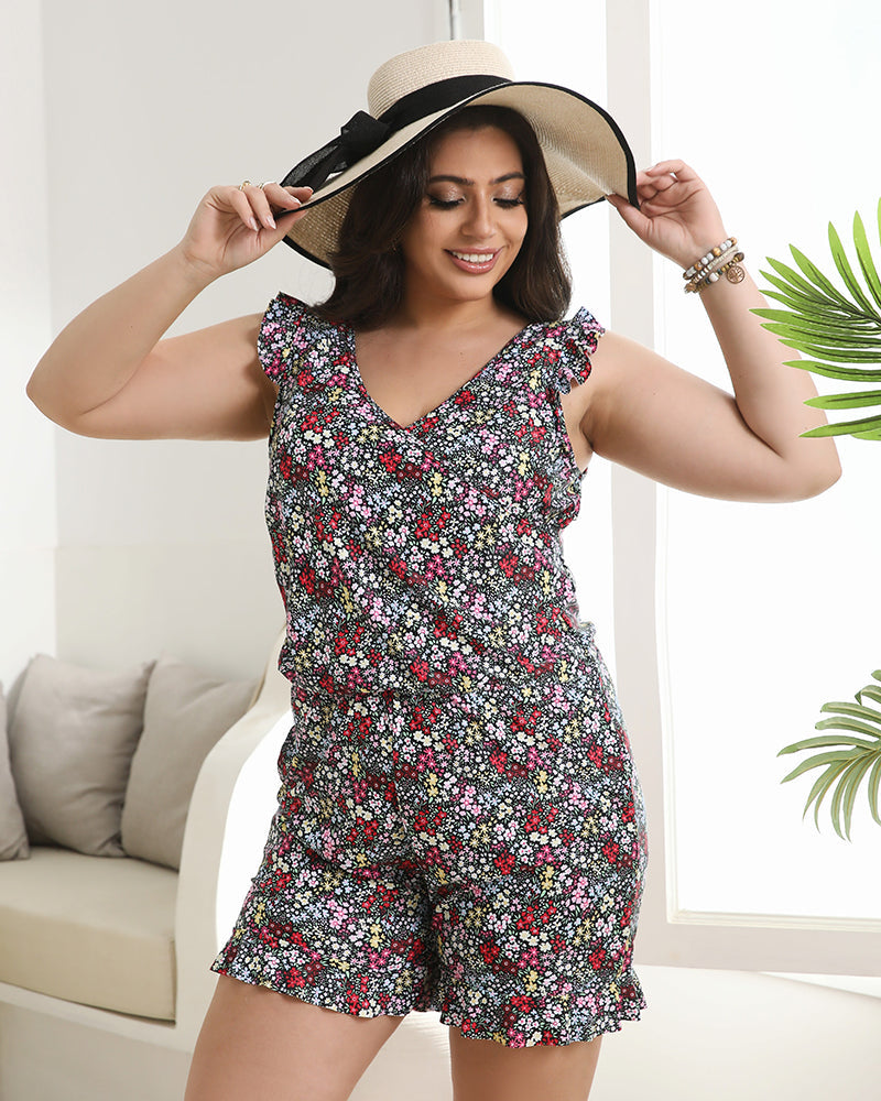 Comfortable Quick-Dry Ruffled Built-in Bra Swim Romper with Tummy Control