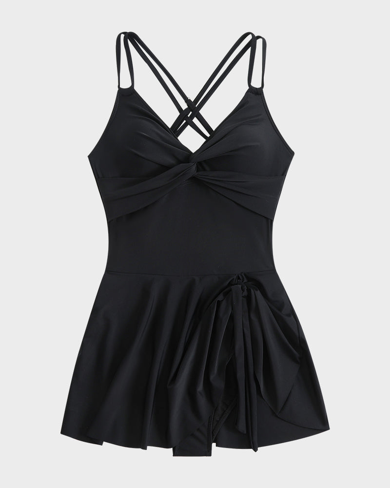 Chic Knot Hem Ruched One-Piece Swim Dress: Flattering, Adjustable, Comfortable Swimsuit