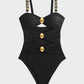 Glamorous Gold Beads Cut-Out Ruched One-Piece Swimsuit for Women, Elegant Beachwear