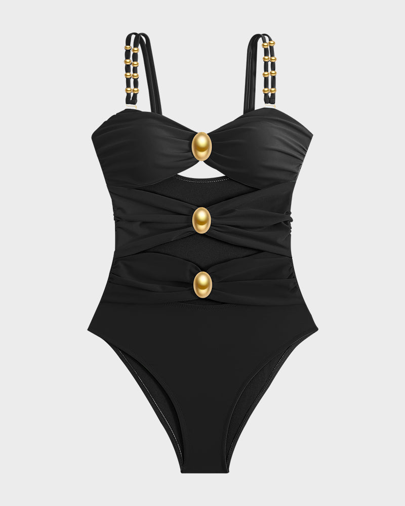 Glamorous Gold Beads Cut-Out Ruched One-Piece Swimsuit for Women, Elegant Beachwear