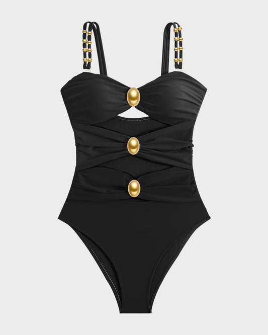 Glamorous Gold Beads Cut-Out Ruched One-Piece Swimsuit for Women, Elegant Beachwear
