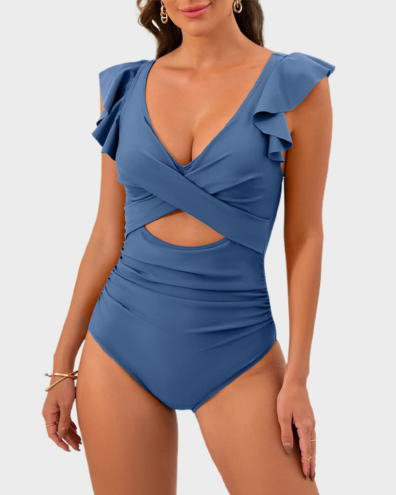 Elegant Ruffle Sleeve Cut-Out Ruched One-Piece Swimsuit for Women