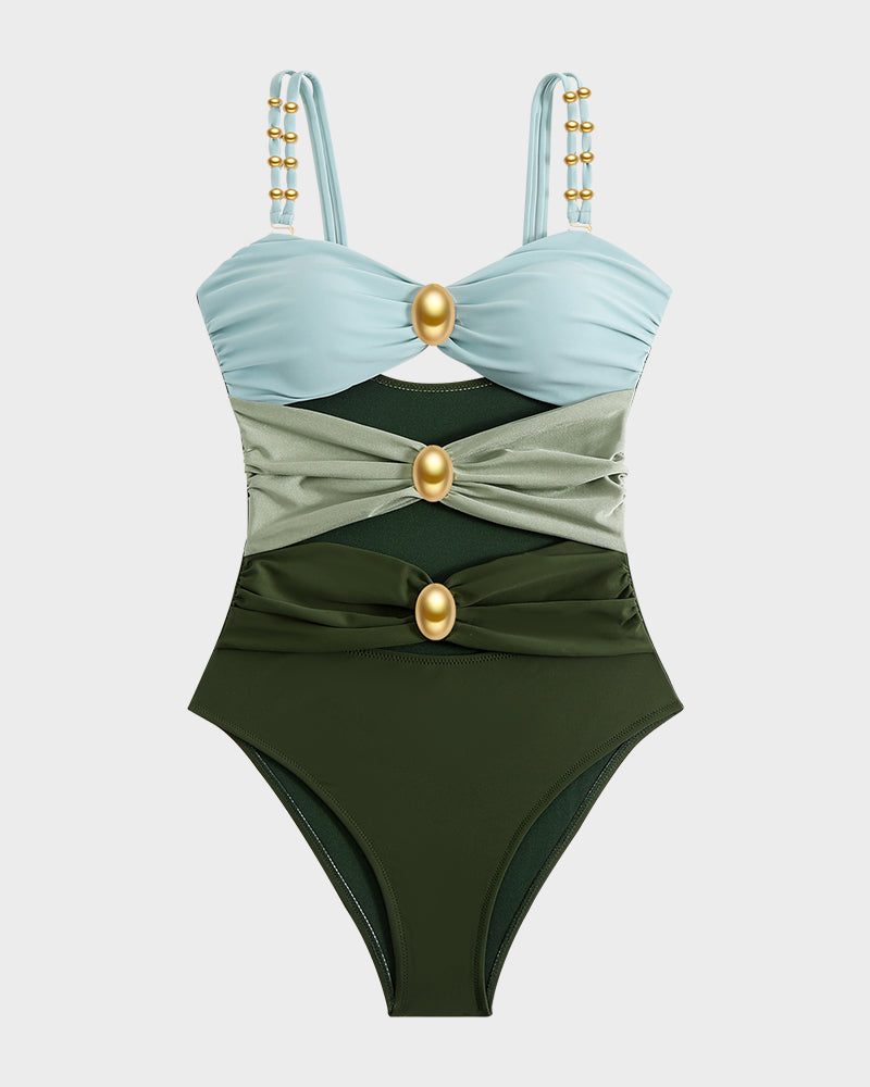 Glamorous Gold Beads Cut-Out Ruched One-Piece Swimsuit for Women, Elegant Beachwear