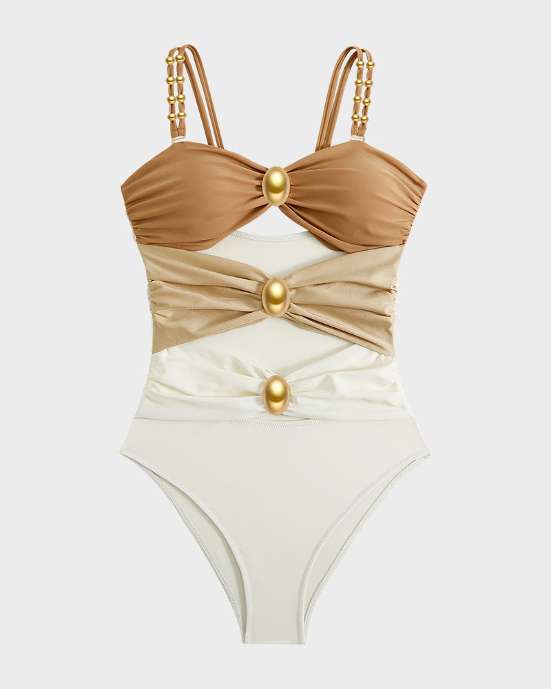 Glamorous Gold Beads Cut-Out Ruched One-Piece Swimsuit for Women, Elegant Beachwear