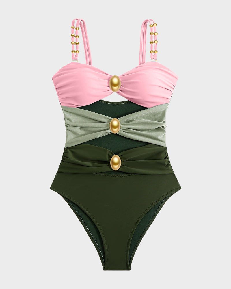 Glamorous Gold Beads Cut-Out Ruched One-Piece Swimsuit for Women, Elegant Beachwear