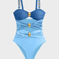 Glamorous Gold Beads Cut-Out Ruched One-Piece Swimsuit for Women, Elegant Beachwear