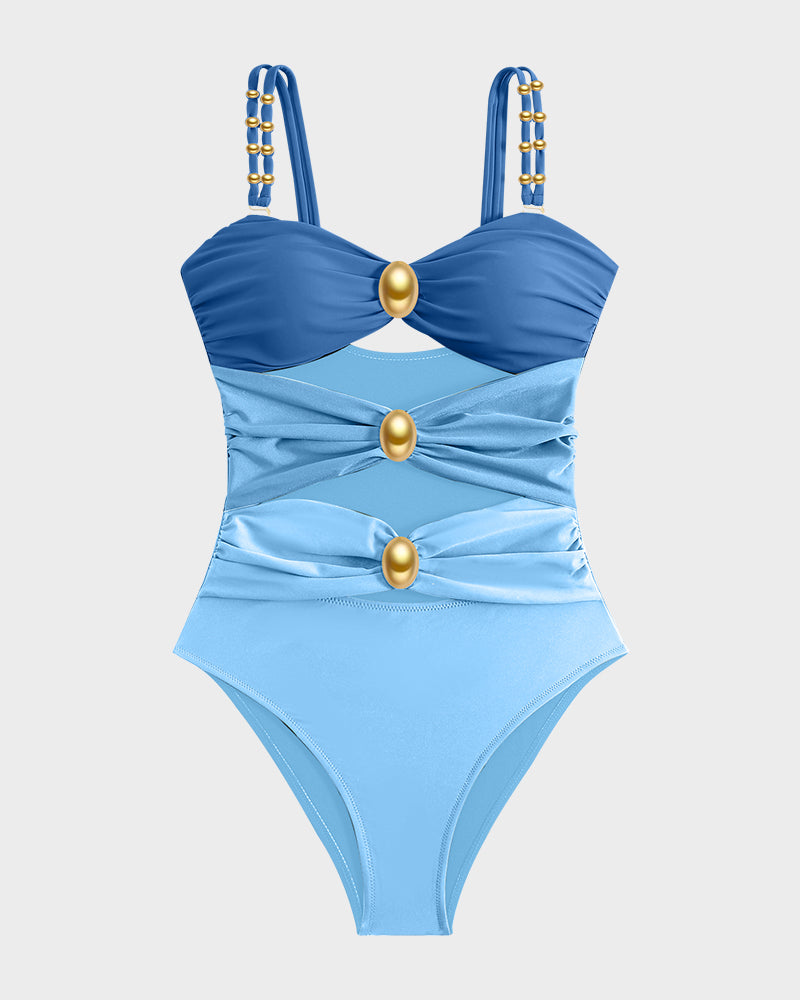Glamorous Gold Beads Cut-Out Ruched One-Piece Swimsuit for Women, Elegant Beachwear