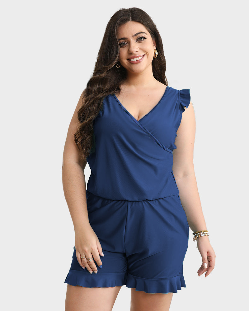 Comfortable Quick-Dry Ruffled Built-in Bra Swim Romper with Tummy Control