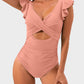 Elegant Ruffle Sleeve Cut-Out Ruched One-Piece Swimsuit for Women