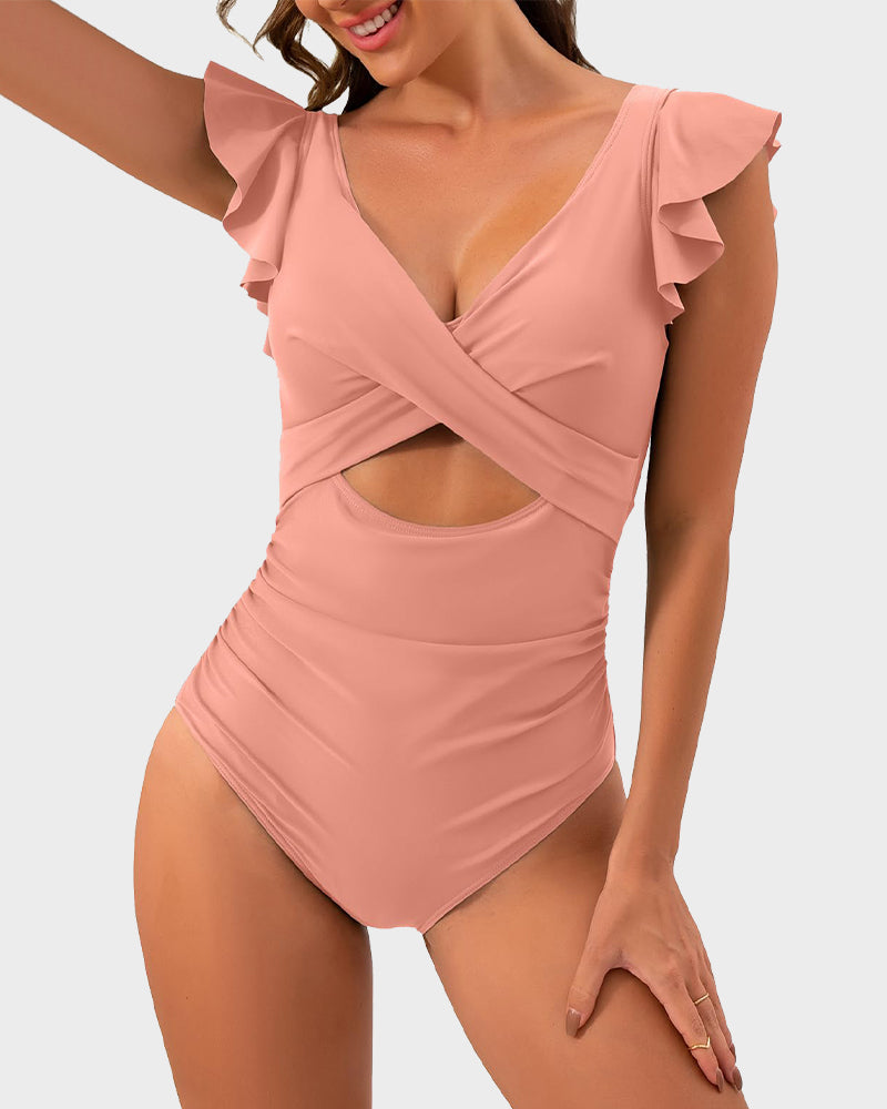 Elegant Ruffle Sleeve Cut-Out Ruched One-Piece Swimsuit for Women