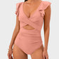 Flattering Ruffle Sleeve Cut-Out Ruched One-Piece Swimsuit for Stylish Beach Days
