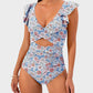 Ruffle Sleeve Cut-Out Ruched One-Piece Swimsuit