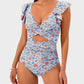 Elegant Ruffle Sleeve Cut-Out Ruched One-Piece Swimsuit for Women