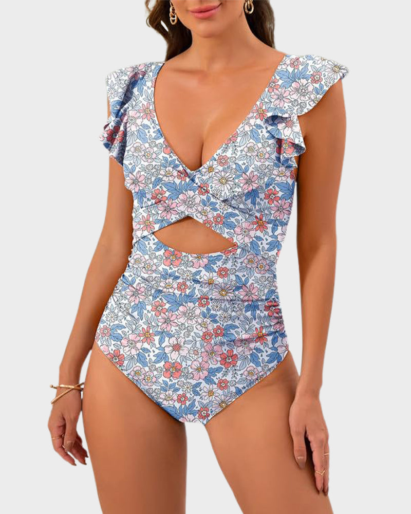 Elegant Ruffle Sleeve Cut-Out Ruched One-Piece Swimsuit for Women