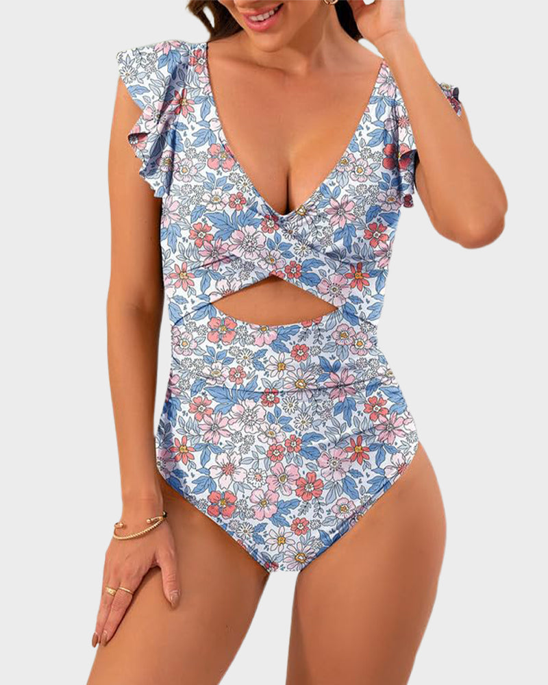 Flattering Ruffle Sleeve Cut-Out Ruched One-Piece Swimsuit for Stylish Beach Days