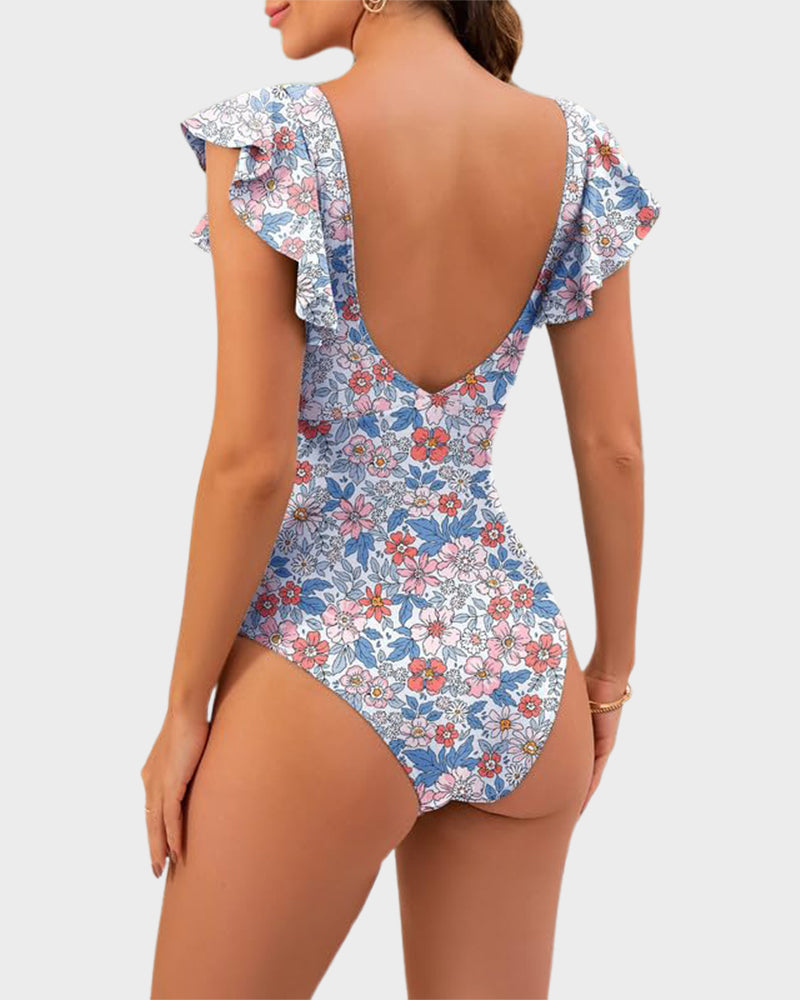 Flattering Ruffle Sleeve Cut-Out Ruched One-Piece Swimsuit for Stylish Beach Days