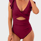 Flattering Ruffle Sleeve Cut-Out Ruched One-Piece Swimsuit for Stylish Beach Days