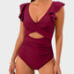 Elegant Ruffle Sleeve Cut-Out Ruched One-Piece Swimsuit for Women