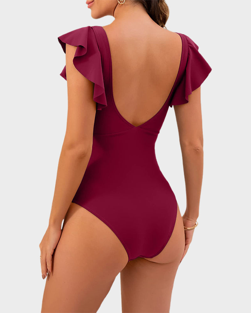 Flattering Ruffle Sleeve Cut-Out Ruched One-Piece Swimsuit for Stylish Beach Days