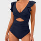 Ruffle Sleeve Cut-Out Ruched One-Piece Swimsuit