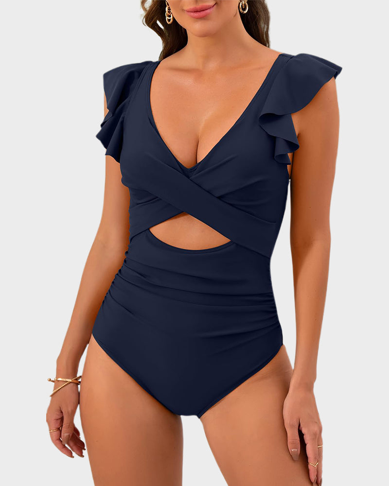 Flattering Ruffle Sleeve Cut-Out Ruched One-Piece Swimsuit for Stylish Beach Days