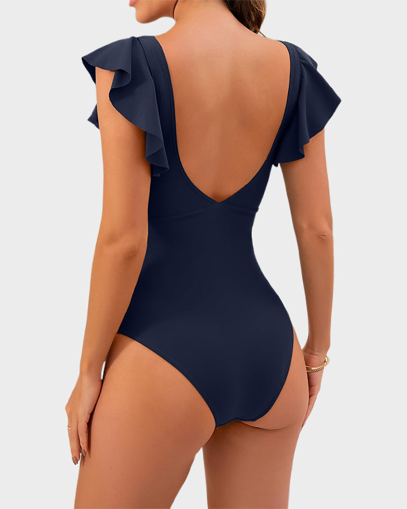 Flattering Ruffle Sleeve Cut-Out Ruched One-Piece Swimsuit for Stylish Beach Days