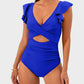 Elegant Ruffle Sleeve Cut-Out Ruched One-Piece Swimsuit for Women