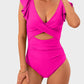Elegant Ruffle Sleeve Cut-Out Ruched One-Piece Swimsuit for Women