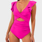 Ruffle Sleeve Cut-Out Ruched One-Piece Swimsuit