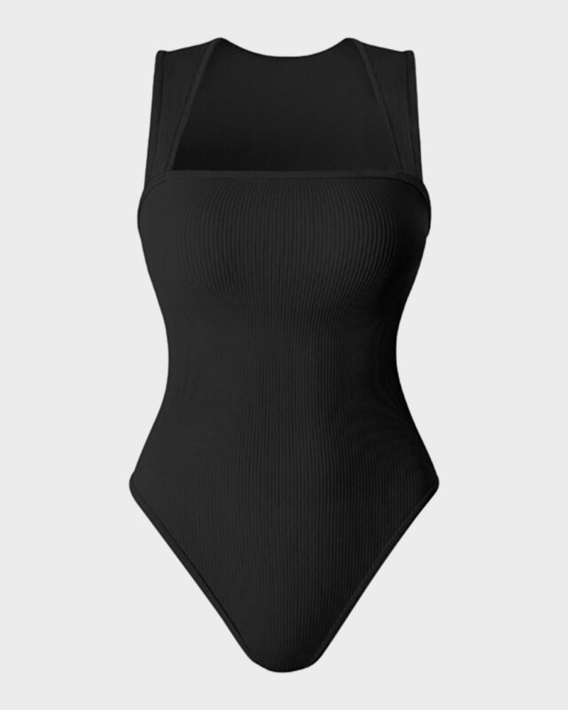 Chic Ribbed Square Neck Sleeveless Tummy Control Tank Bodysuit for Women